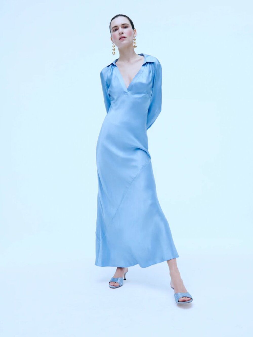 J. Crew Collection Limited-edition blue maxi collared shiny crepe slip dress 4